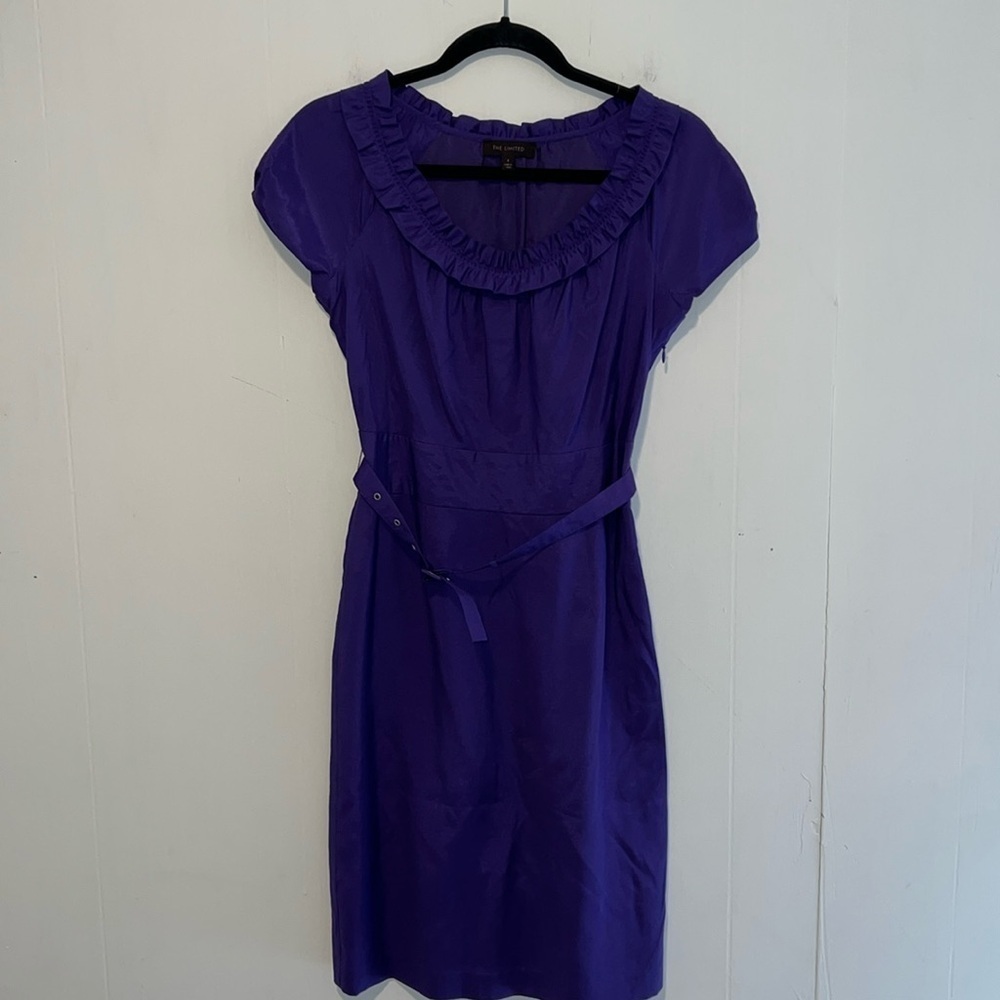 Limited Women’s Short Sleeve Purple Knee Length Purple Dress With A Belt RR4